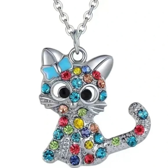NEW Silver colorful Rhinestone Kitty Cat Pendant Necklace - Picture 3 of 3